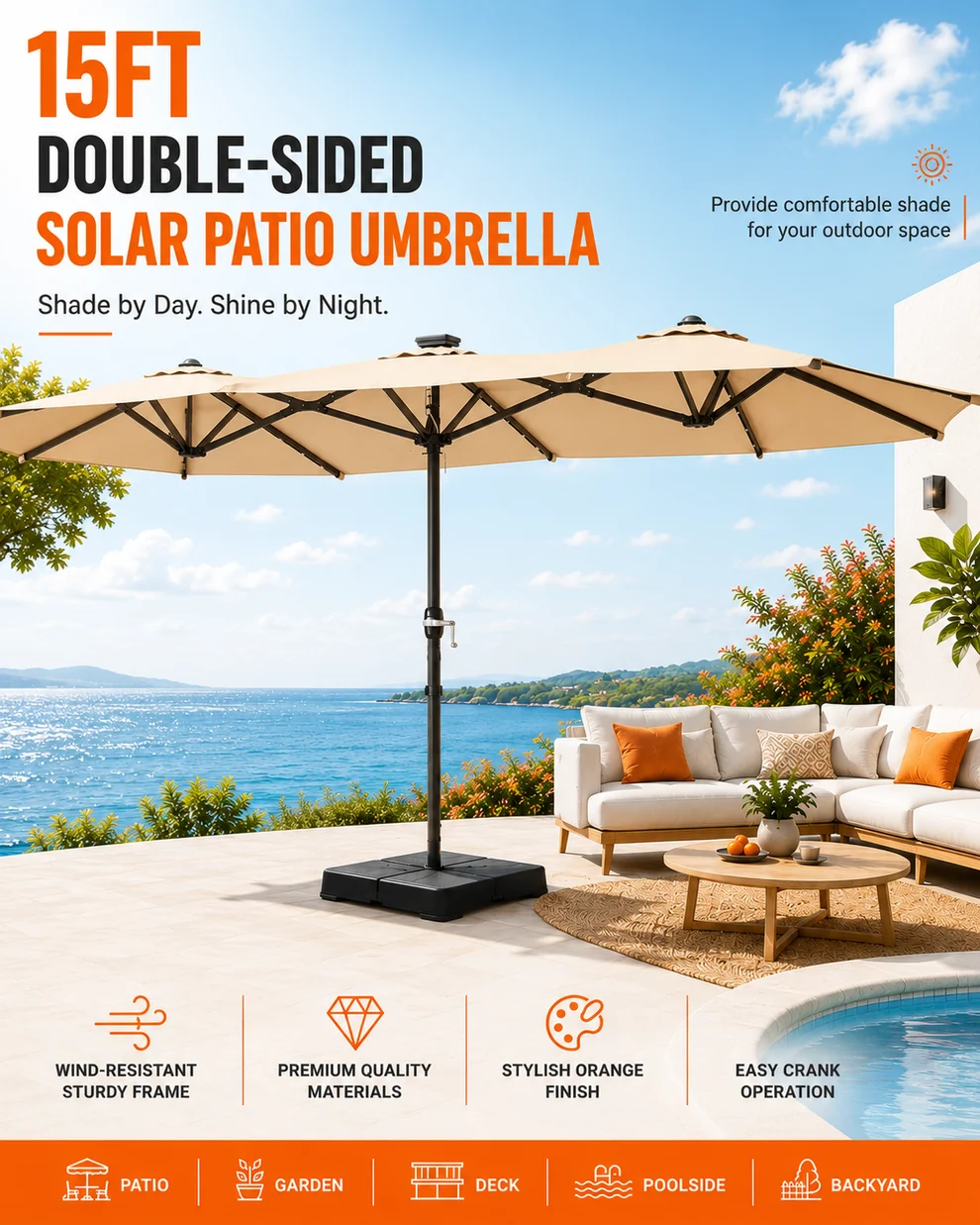 Revoltrex Clouddome 15 ft double-sided solar patio umbrella shading a poolside lounge
